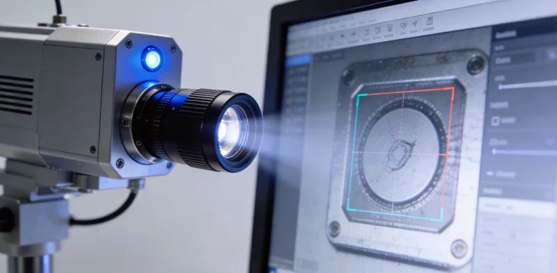 AI视觉分拣系统的工作示意图，包含相机、光源和监控屏幕