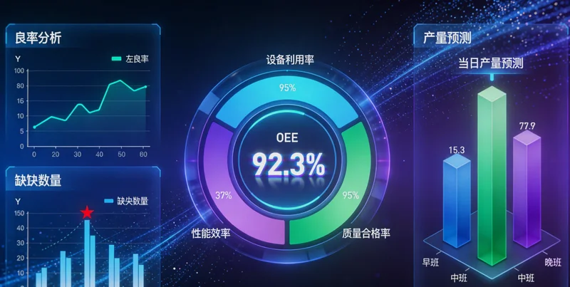 帆船制造车间内，工人正在查看智能电表及能耗数据监控屏幕