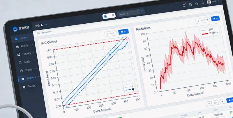 玻璃器皿厂老师傅在传统控制台前调整参数,与现代化AI系统形成对比
