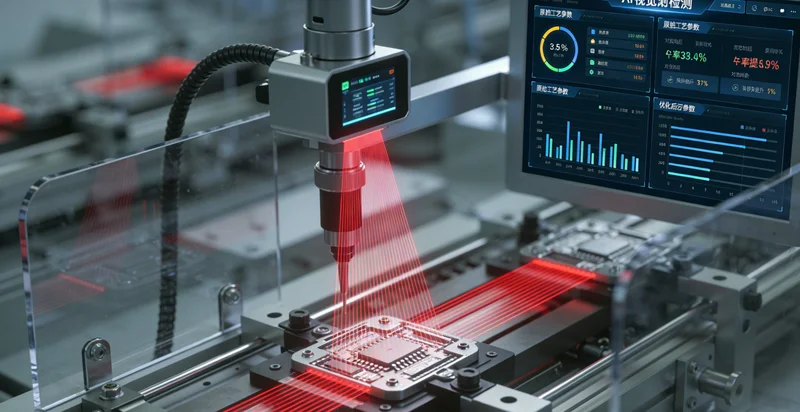 一条安装了工业相机和光源的纸盒成品检测流水线,与旁边传统人工检测工位形成对比