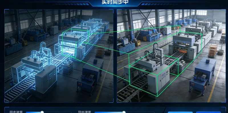 电脑屏幕上显示的防震垫生产流程数字孪生3D仿真界面