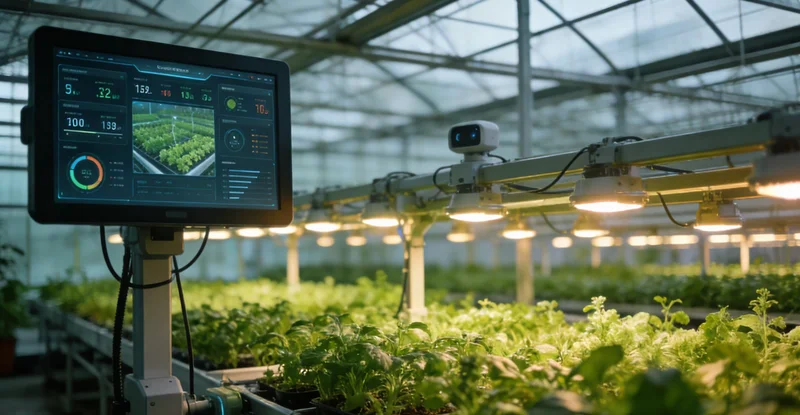 肉鸭养殖场鸭舍内部，展示温湿度传感器和摄像头的实际安装位置