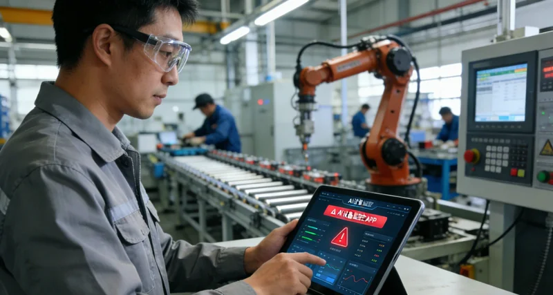 工厂中控室大屏，显示贴标机数字孪生运行状态与数据分析