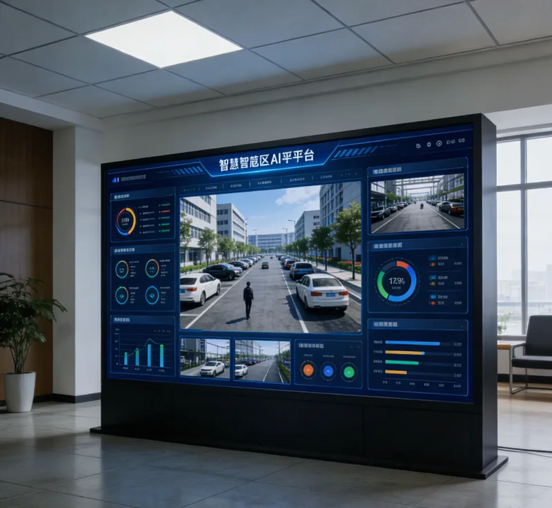 车间内显示设备运行状态和AI预警信息的电子看板