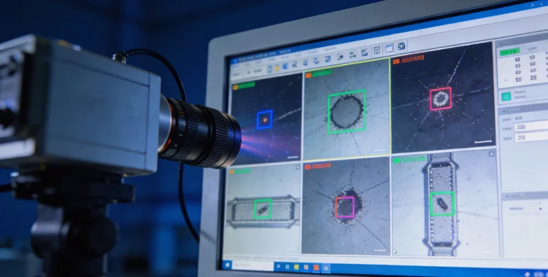 质检员在灯光下仔细检查游戏手柄外观