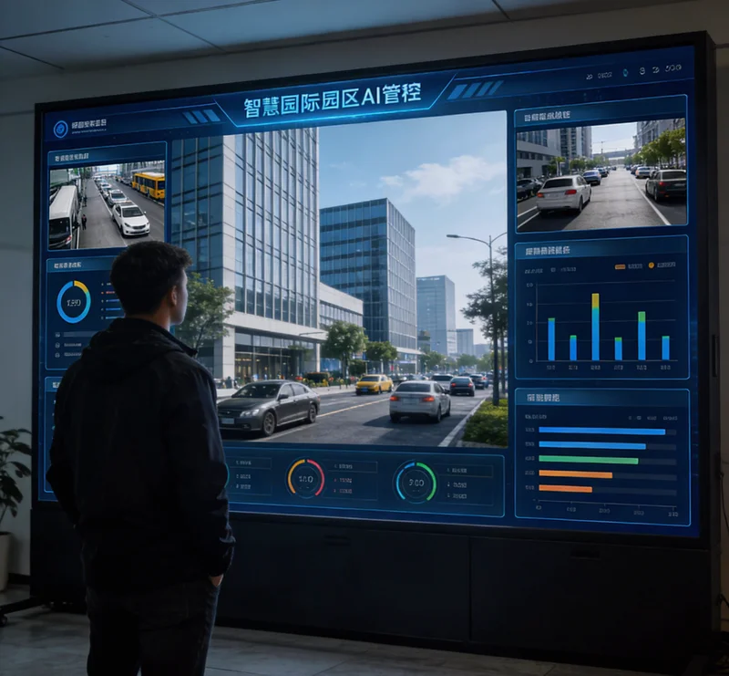 AI辅助分拣工位示意图,工人将钢板推入检测区,上方有工业相机和光源,侧方屏幕显示检测结果