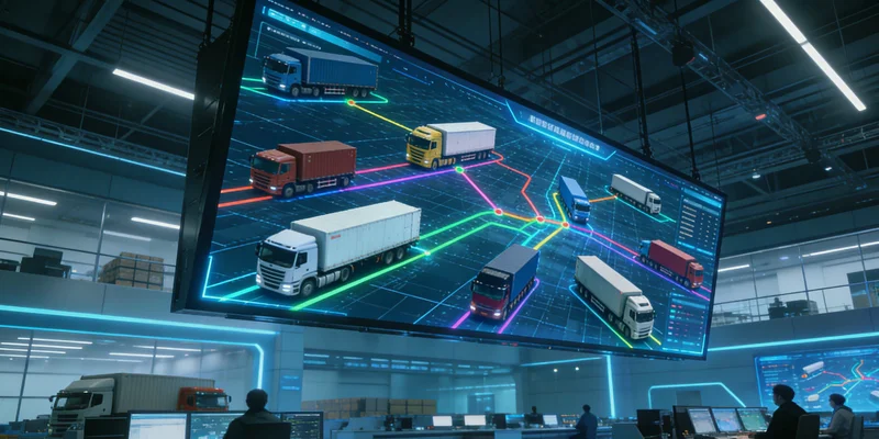 一个物流调度中心大屏显示着动态更新的同城配送车辆路线图