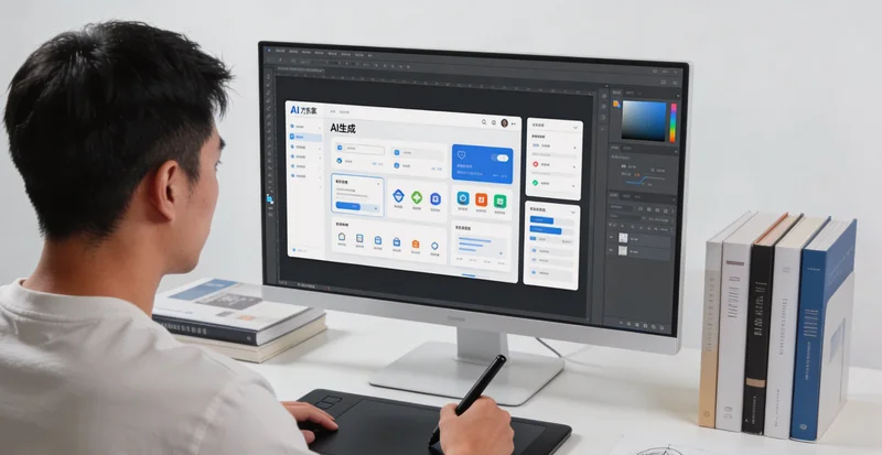 一位纯茶店老板正对着电脑屏幕上的设计软件发愁，桌上摆着几杯茶
