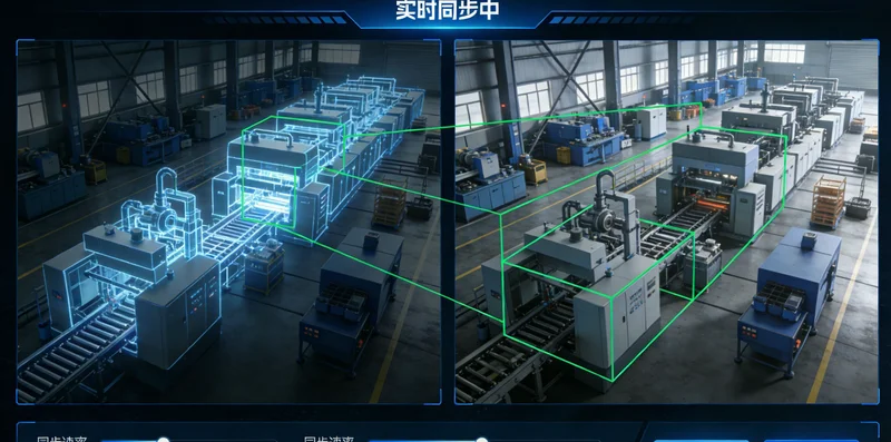 消毒柜产线物理空间与数字孪生虚拟界面对比示意图