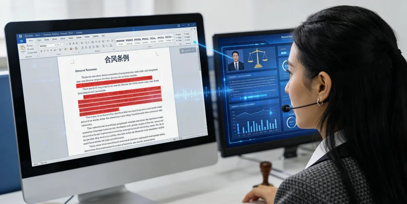 一位法务人员在深夜的办公室里，面对电脑屏幕上的合同文档，面露疲惫