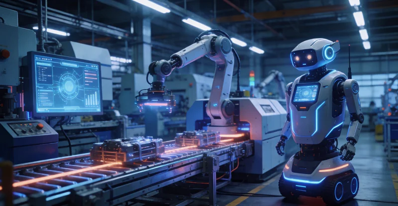 电钻工厂车间内，维修工正在检修一台大型注塑机