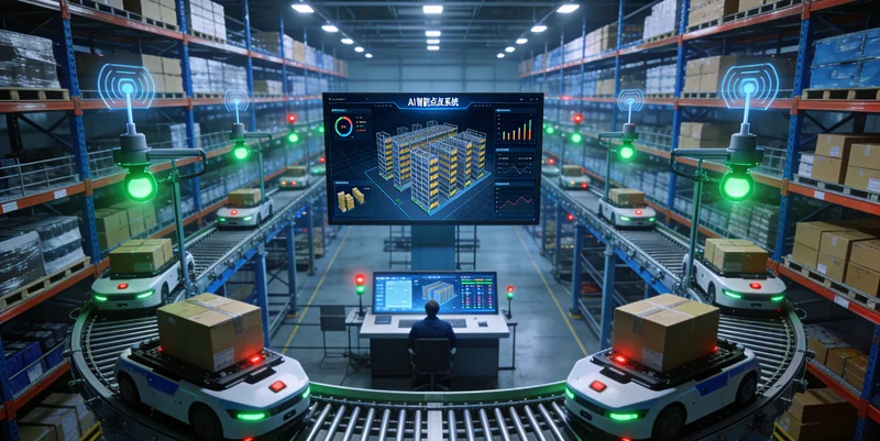 一个典型的电子仪器厂仓库，货架上摆放着各种电子元器件料盒，员工正在用PDA盘点。