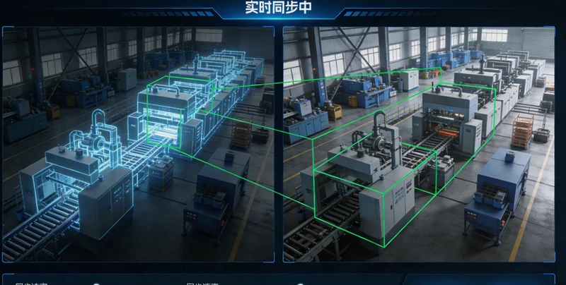 工厂负责人与技术人员在车间现场，指着设备屏幕讨论问题