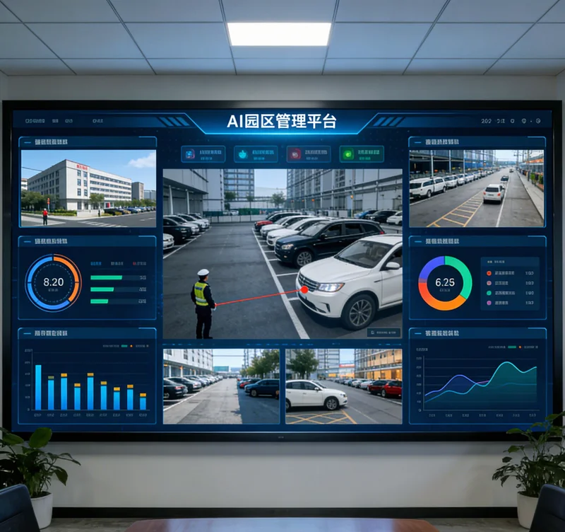 AI系统界面示意图，左侧是实时监控画面并框出违规行为，右侧弹出报警记录列表