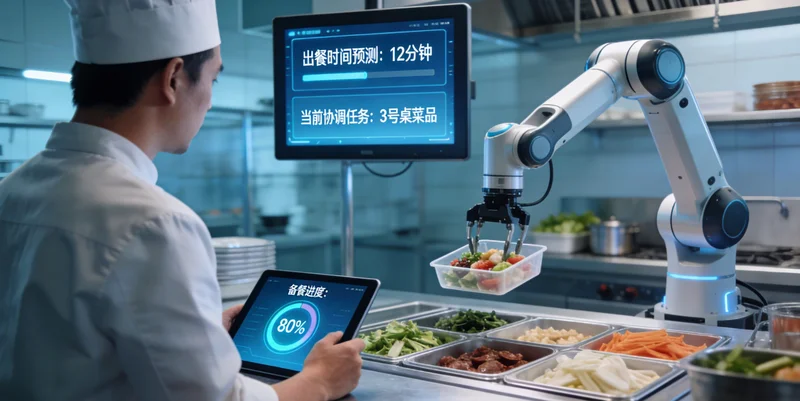 一位食堂主管在电脑前,面对杂乱的设计软件界面和微信里学校的催促,一脸焦急