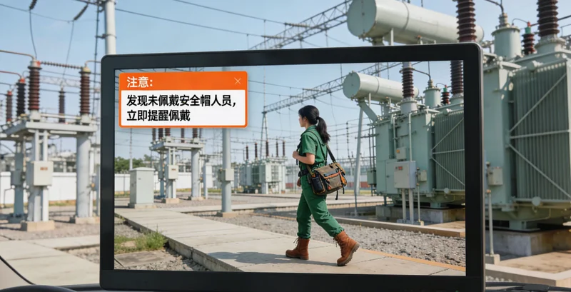 封测厂车间内，员工在设备间走动，AI系统在监控画面中框出未戴安全帽的人员并报警