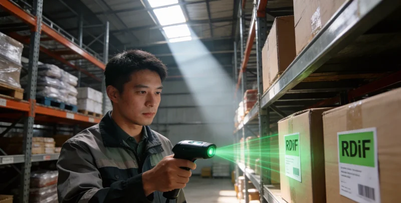 传统电感仓库内景，货架上物料堆放杂乱，员工正手持纸质单据和计算器进行盘点