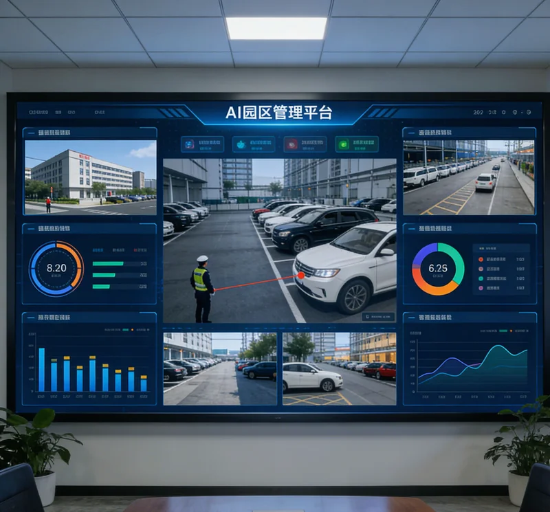 示意图：产业园销售与AI客服协同工作场景，AI处理大量在线咨询，销售专注跟进高意向客户