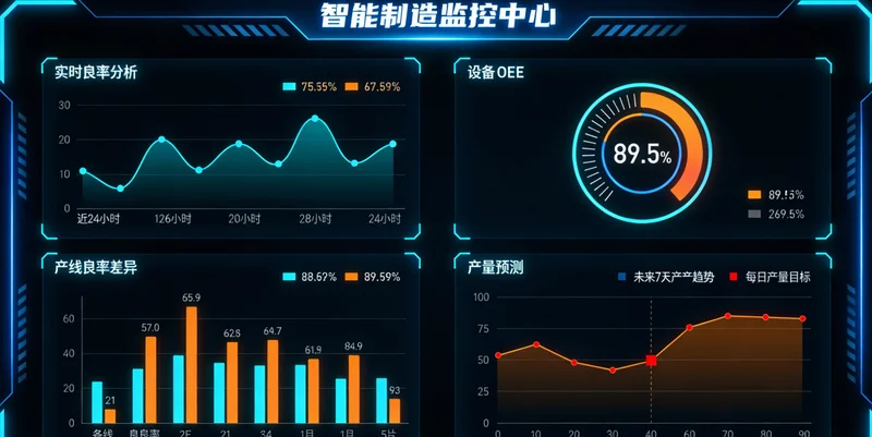 液位计生产车间现场,工人在操作设备,墙上有数据看板显示实时参数