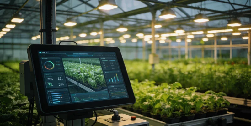 一个工业边缘计算盒子安装在设备控制柜内,连接着多根传感器线缆