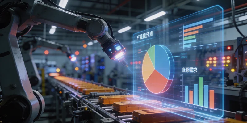一张AI生产排程系统界面的示意图,展示清晰的订单甘特图、设备负载和能耗预测曲线。