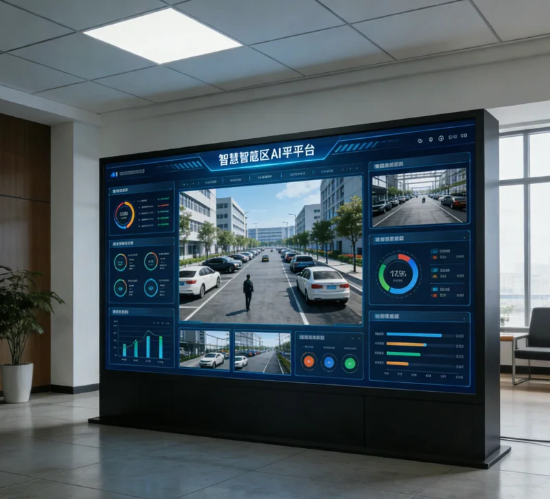 装配工位上方安装的工业相机，工作台上方有红绿指示灯和显示正确零件图片的屏幕