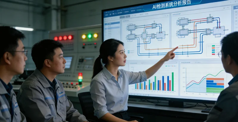 胶印车间夜班场景,质检员在灯下仔细检查印刷品