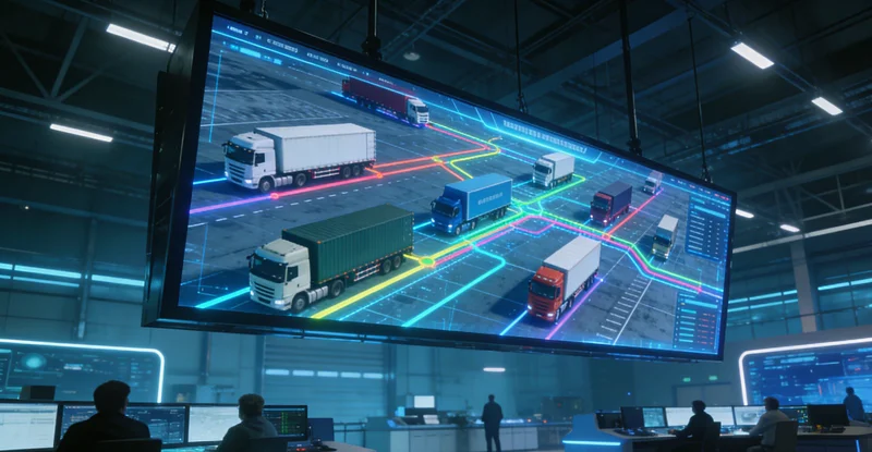 一张示意图,描绘机场停机坪上多种服务车辆(摆渡车、行李车、加油车)拥挤、调度员忙碌接打电话的场景,突出混乱和实时性压力。