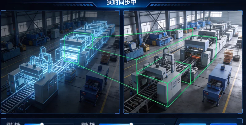 图示：左边是炫酷但无用的3D工厂可视化，右边是能显示裁料优化方案和瓶颈工序的实用数字孪生界面