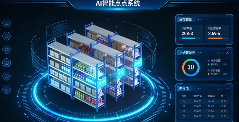 一位店长正在手工盘点库存，桌上堆满单据