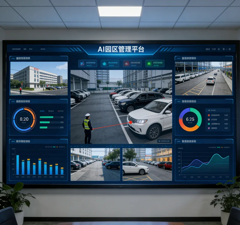 工业摄像头正在自动检测大型钢结构焊缝质量，屏幕显示实时分析结果