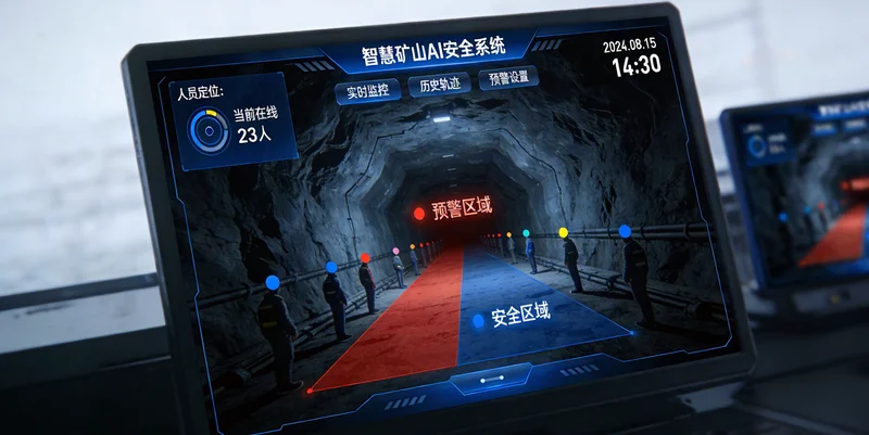 污水管网施工现场，摄像头部署在塔吊和高杆上的示意图