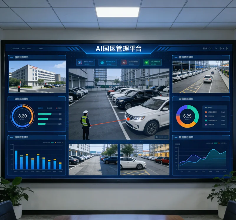 监控屏幕上显示AI识别到未戴安全帽的人员并触发报警提示