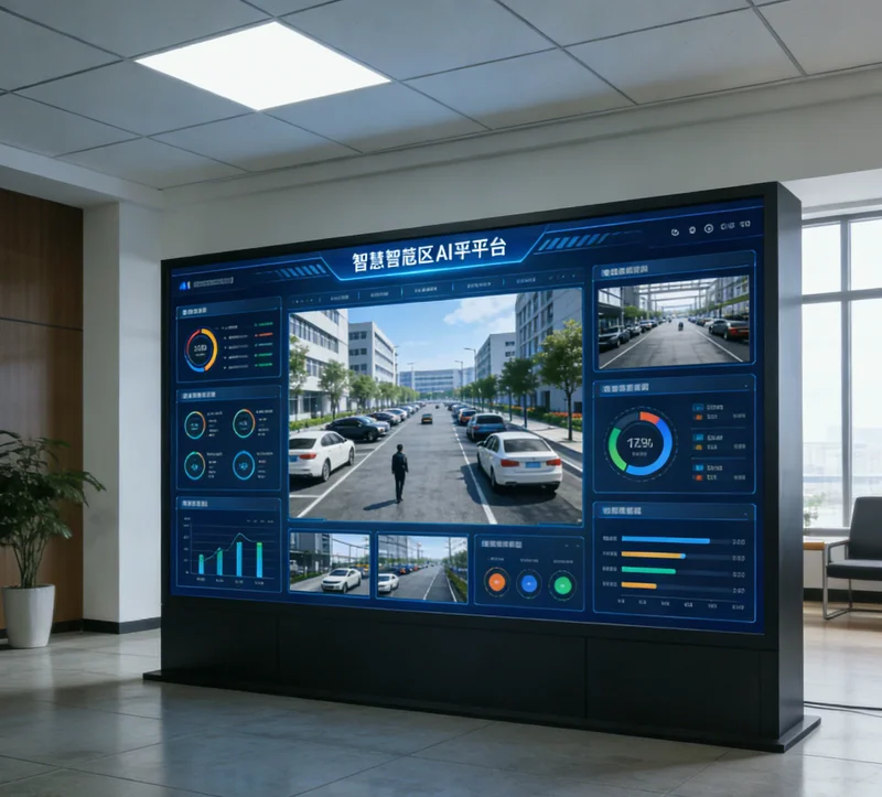 碎石厂AIBIM智能化系统大屏界面,显示实时生产数据、设备状态和调度方案