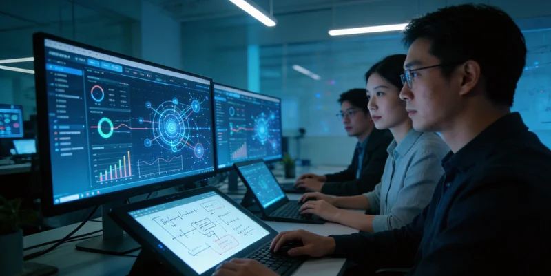 电脑屏幕上显示着游艇各系统健康状态的预测性维护监控界面，有清晰的预警提示