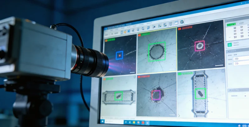 安装在实木颗粒板生产线上方的AI视觉检测系统，包含工业相机和光源