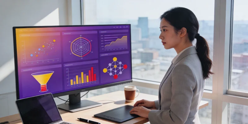 火锅店老板在办公室查看电脑上的顾客评价分析图表