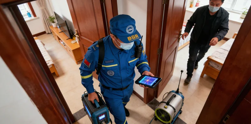 扇贝养殖海区俯瞰图，展示养殖筏架与水质监测浮标