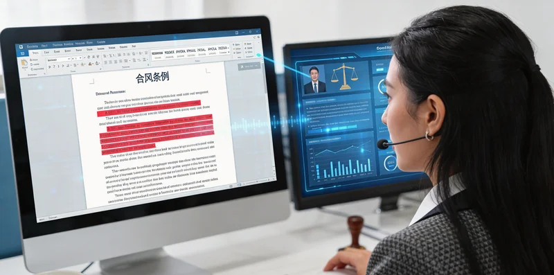 深夜的办公室，电脑屏幕上显示着复杂的合同条款，旁边放着咖啡杯