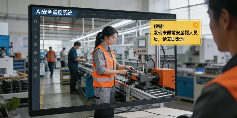 海报印刷车间内，员工在设备旁操作，部分人员未规范佩戴安全帽