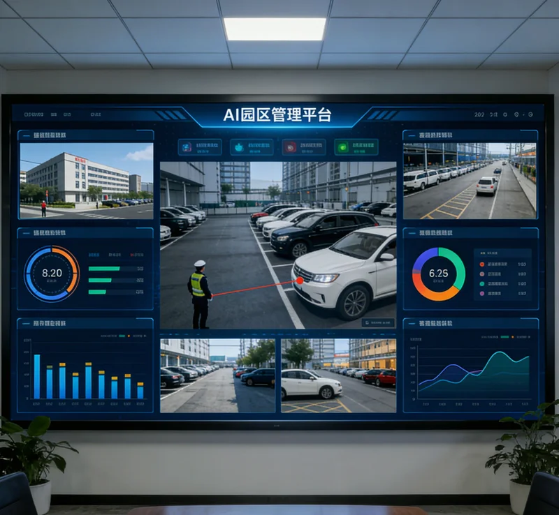 电脑屏幕上显示着AI客服系统的后台数据看板,有通话量、处理率等图表