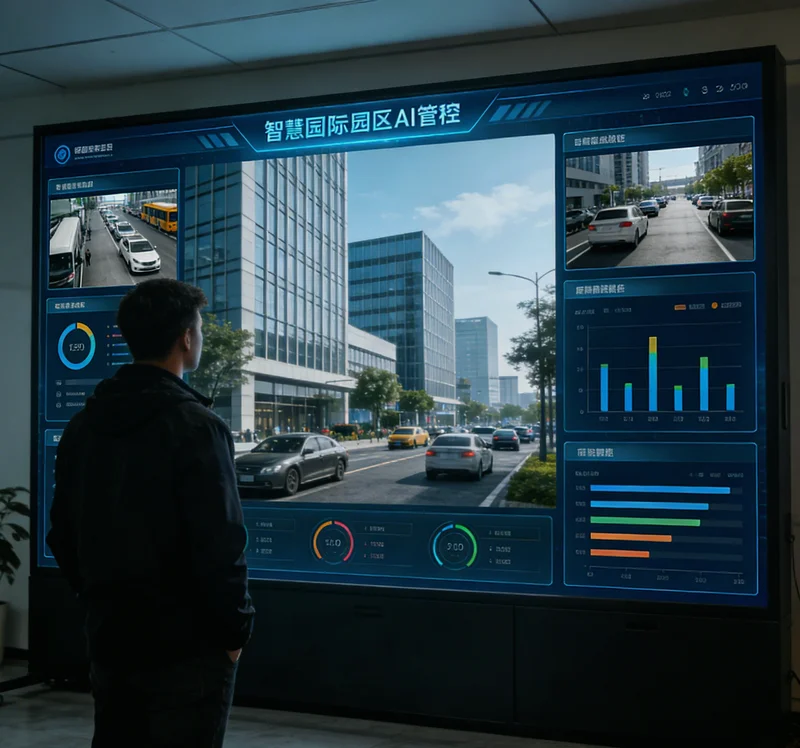 护栏安装工人在高空平台作业，旁边示意图显示AI系统实时识别出安全带佩戴状态并标注