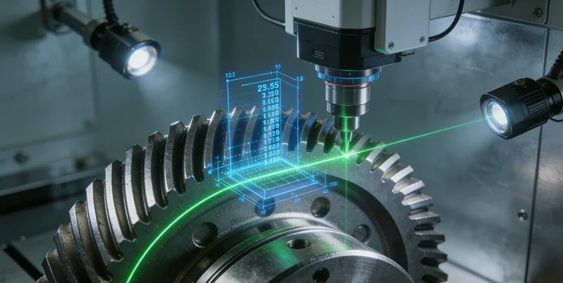 车间里,质检员正用卡尺测量冲压件,旁边堆放着待检品和记录表。