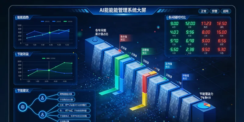 一张模拟的齿轮工厂电费结构分析图表,展示峰谷平用电占比和主要耗电设备分布。