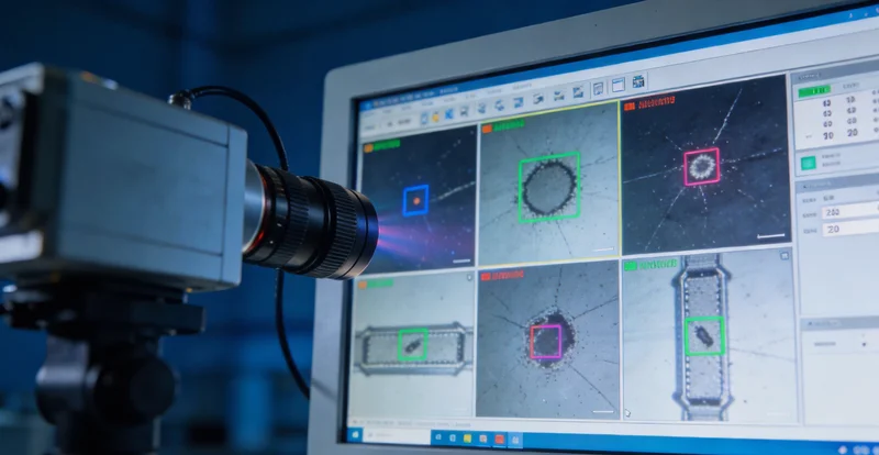 精密金属零件在AI视觉检测系统下的成像画面,左侧为良品,右侧标记出细微划痕和毛刺位置