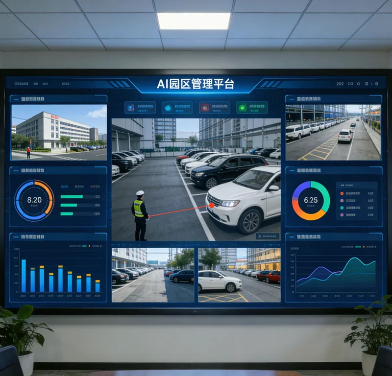 中控室大屏显示AI危险预警系统的实时界面，包含多个视频画面和报警信息列表