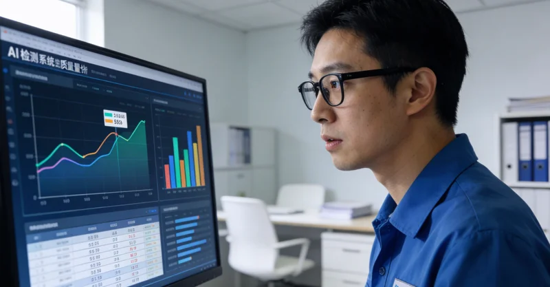 门窗厂质检员在灯光下检查型材表面