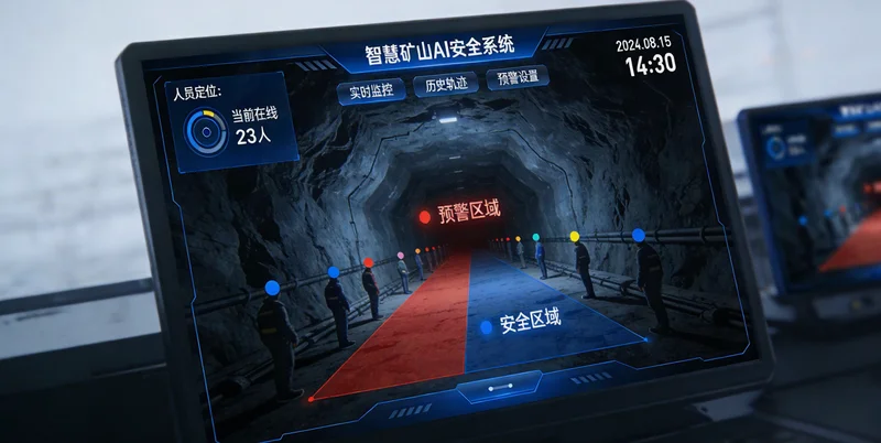 矿山机械制造车间内景，工人正在操作大型设备，背景有安全警示标识