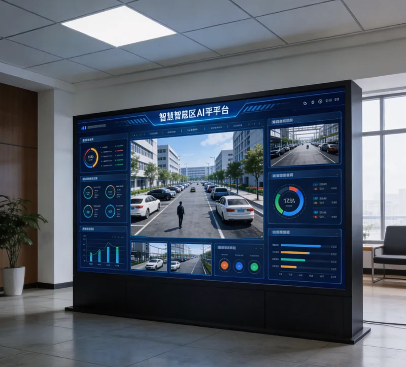 电脑屏幕上显示着多个车间实时监控画面，其中一个画面被AI系统标记出未戴安全帽的违规行为并弹出报警框