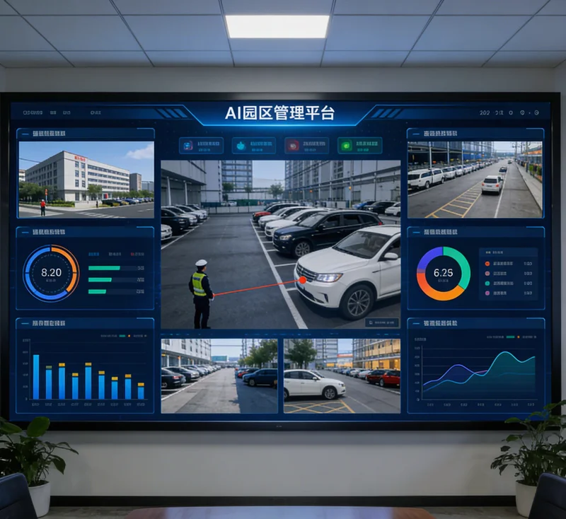 AI安全监控系统逻辑图,展示摄像头画面如何通过算法识别烟雾、人员违规、温湿度异常等